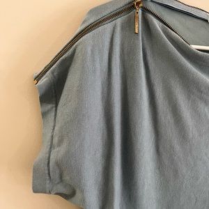 August silk gold zipper embellished dusty blue blouse top business casual style